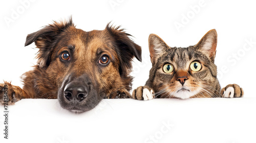 Cat and dog lying together isolated on white background.