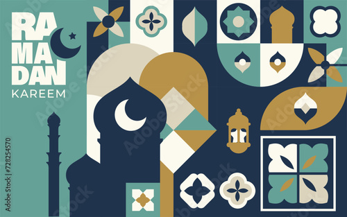 Islamic festival poster background design in flat geometric style, arabic calligraphy, crescent moon and lantern. Suitable for Ramadan Kareem , Hari Raya, Eid Mubarak, Eid al Adha.
