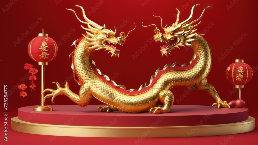 Fototapeta premium 3D Chinese dragon podium for Lunar New Year 2024 celebrations.