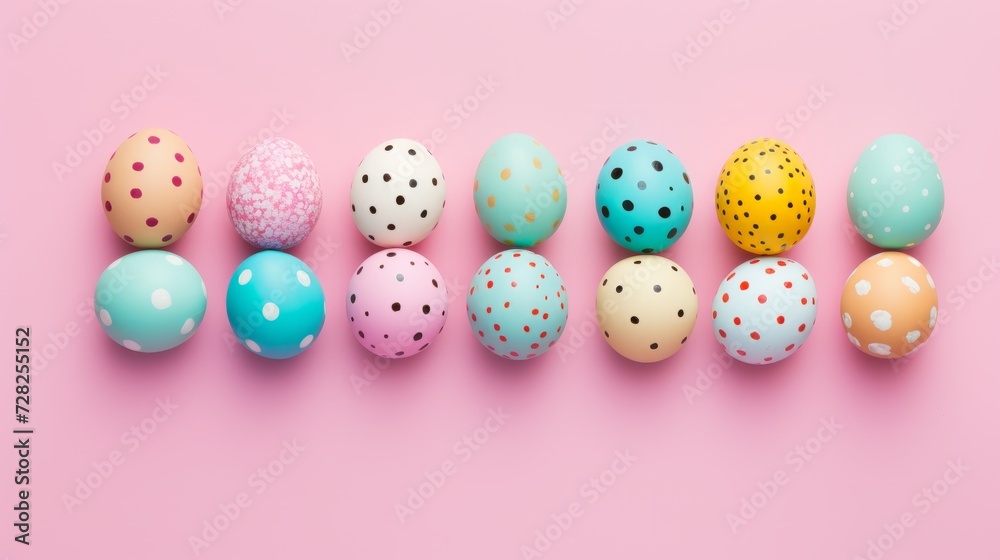 Top view of painted eggs on pink background. Flat lay. Happy Easter concept.