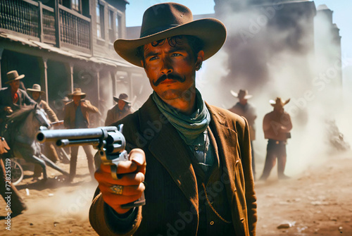 Closeup of cowboy gunfight in the Wild West photo