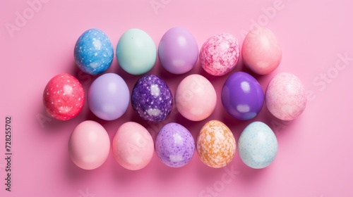 Top view of Easter eggs on pink background. Flat lay. Happy Easter concept.