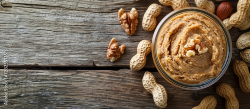 Delicious Peanut or Ground Nut Spread Over a Rustic Wooden Background - Nutty, Nutty, Nutty