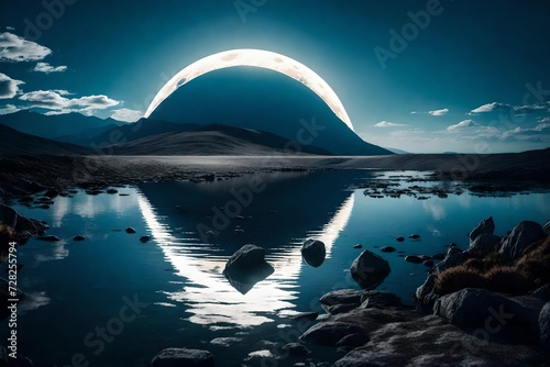 Abstract landscape with full moon and mirror lake
