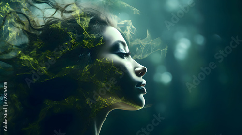 Close-up portrait of an attractive woman combined with plants, created according to an ecological concept © Alex Bur