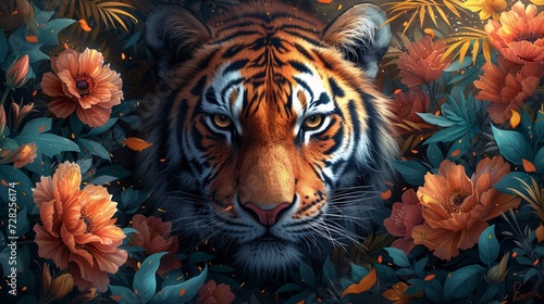 Fall Flower Tiger Generative AI photo