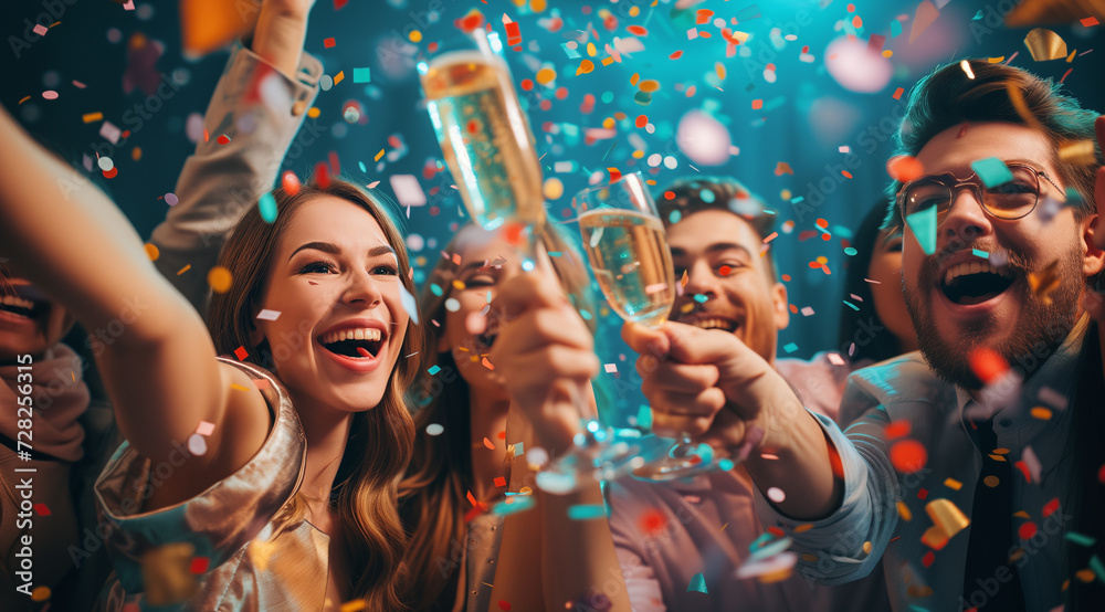 Group of elegant young people having Fun in motion throwing colorful confetti while dancing and toasting glasses of wine together, employees clinking glasses with champagne surrounded by confetti