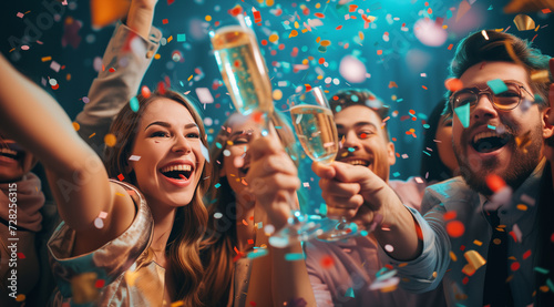 Group of elegant young people having Fun in motion throwing colorful confetti while dancing and toasting glasses of wine together, employees clinking glasses with champagne surrounded by confetti