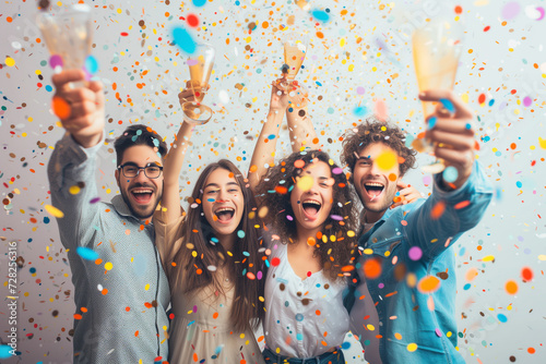 Group of elegant young people having Fun in colorful confetti while dancing and toasting glasses of wine together, Young employees holding glasses with champagne surrounded by confetti