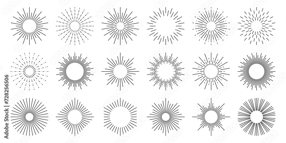 Sunburst. Radial sunlight vintage emblems, bursting rays sunrise. Firework starbursts, blast burst sunset star light sunshine spark. Explode, trendy sunbeam vector set