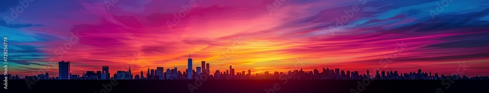 A colorful sunset over an urban skyline, with vibrant hues painting the sky and silhouettes of buildings providing an atmospheric cityscape background