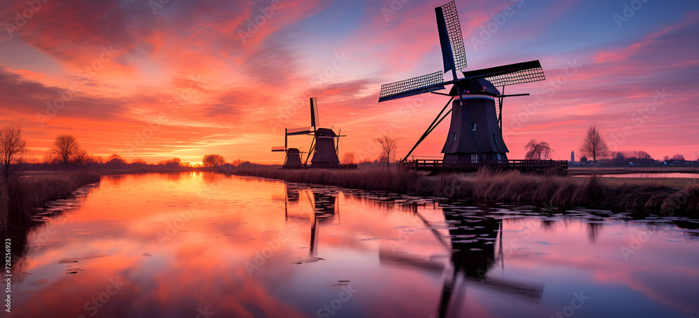 Traditional, Dutch windmill at a pond during a colorful, summer sunset.