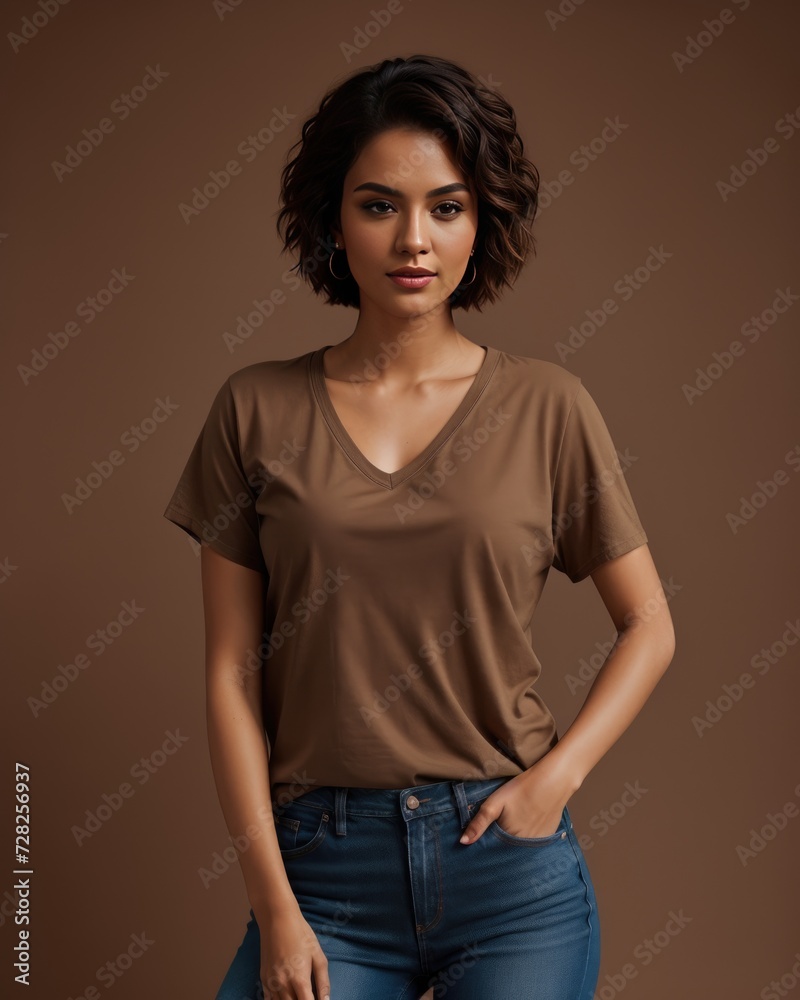 Portrait of a beautiful woman brown t-shirt short hair Portrait of a beautiful woman brown t-shirt short hair