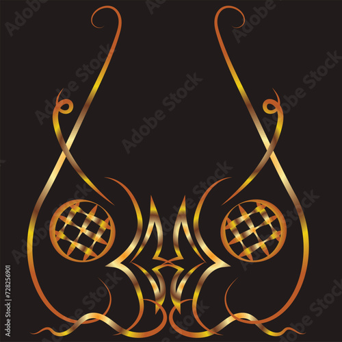 Fantasy ornament with ovals and curls. Symmetrical ornament, applique, background with space for inscription. Gold gradient on a black background for printing on fabric, applique and cards.