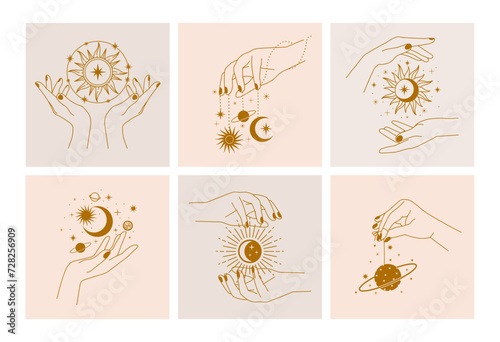 Esoteric mystical poster. Magic beautiful woman hands with celestial sun, star moons. Design card template with astrology universe symbols vector set