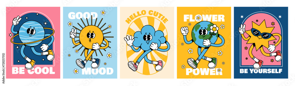 Retro weather characters. Cartoon nature mascots, cute earth, funny sun, cloud, smiling star and planet with emotion. Poster with comic elements. Vector set
