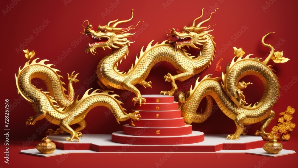 3D Chinese dragon podium for Lunar New Year 2024 celebrations.