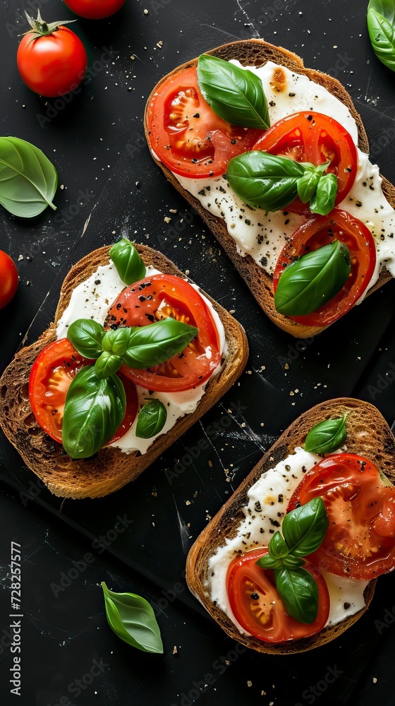 Tomato Basil Mozzarella Toast, Black Surface Table, minimalistic decor Tomato Basil Mozzarella Toast, Black Surface Table, minimalistic decor