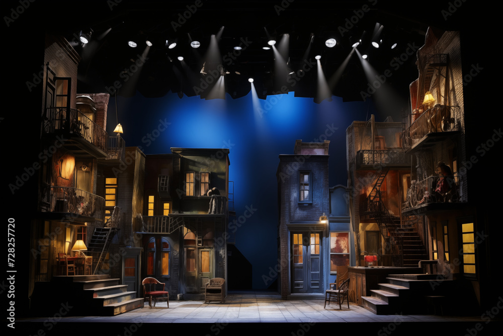 an empty stage set for an urban street scene, in the style of theatrical lighting, vibrant airy scenes