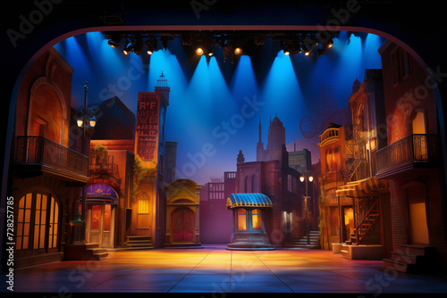 an empty stage set for an urban street scene, in the style of theatrical lighting, vibrant airy scenes photo