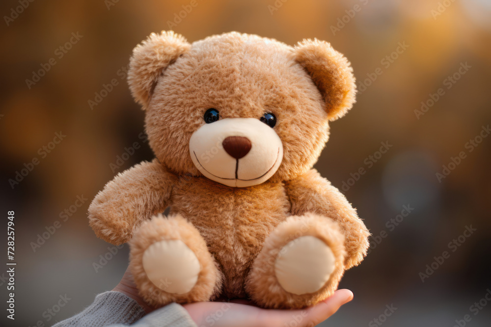 Close-up photo of a fluffy teddy bear in the tiny hands of a toddler against a soft-focus background
Close-up photo of a fluffy teddy bear in the tiny hands of a toddler against a soft-focus background