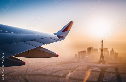 Aircraft wing. Beautiful sunset, sky. Top view. Airplane flying view from window. Traveling. Passenger plane is above clouds during sundown. Sunrise flight. Commercial jet. Aerial view from a porthole