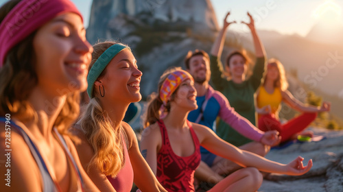 Young diverse group of female friends doing morning yoga on a mountain top. Concept well-being