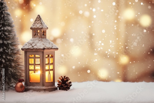 Christmas lantern with burning candle on snow and bokeh background.