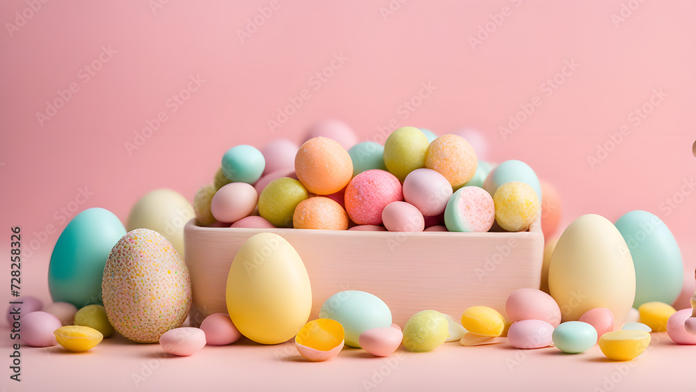 Spring color Easter candies arranged in a thoughtfully decorated setting, such as a cute candy box or ornament, blank space for text or product.