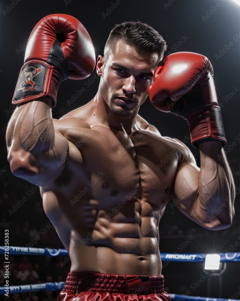 Portrait of a professional muscular boxer fighting with boxing gloves