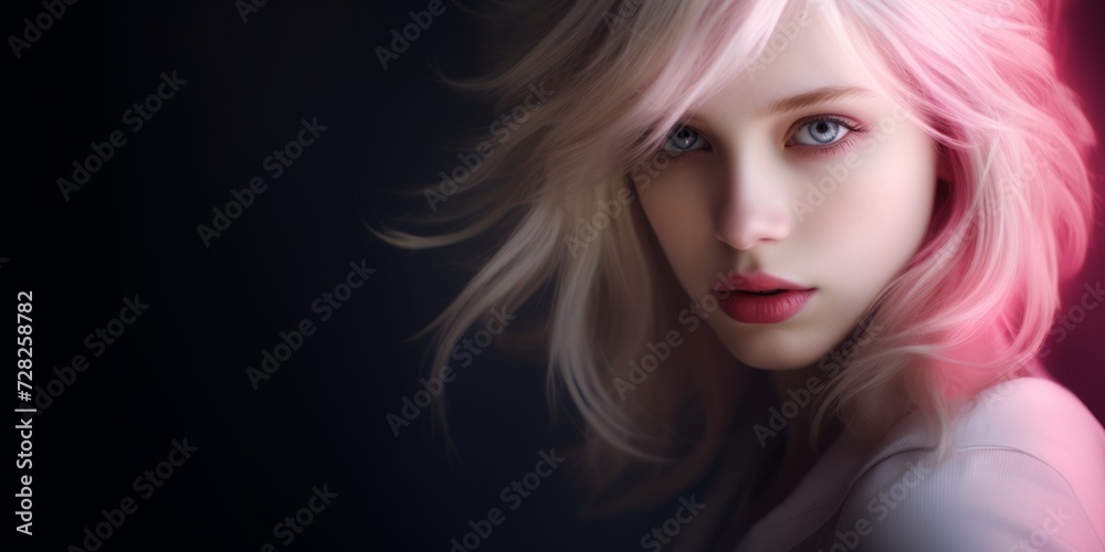 Portrait of a beautiful young woman with pink hair and blue eyes
