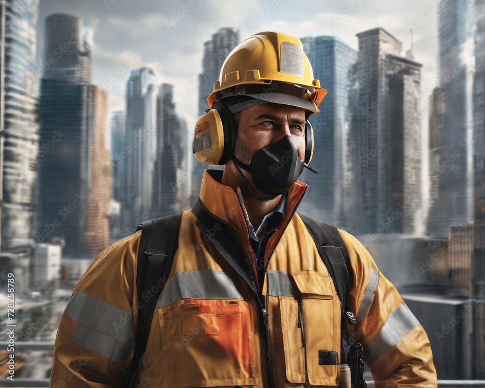 Naklejka premium Engineer wearing gas mask