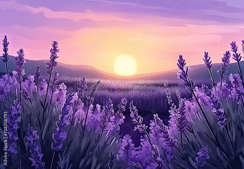 Fototapeta premium Expansive field of vibrant purple lavender under picturesque sunset capturing essence of summer in Provence scenic landscape is filled with aroma and beauty of blooming lavender