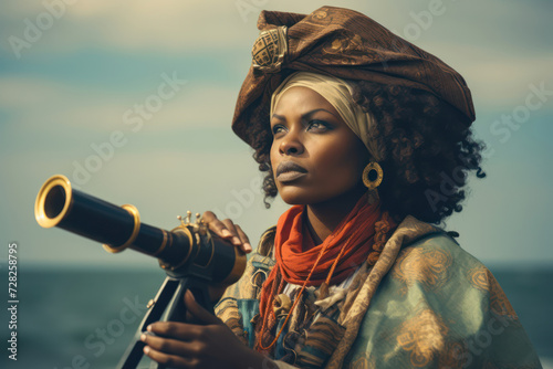  Portrait of an African female pirate, around 32 years old, looking through a spyglass, with the sea in the background, vintage tone