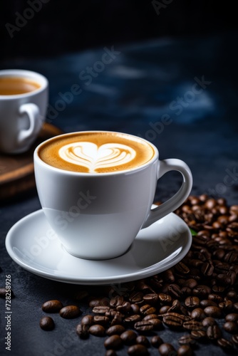 Coffee cup with latte art and coffee beans on dark background