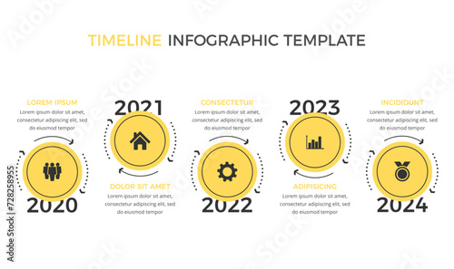 Timeline infographics template with five yellow circles with place for your icons, vector eps10 illustration