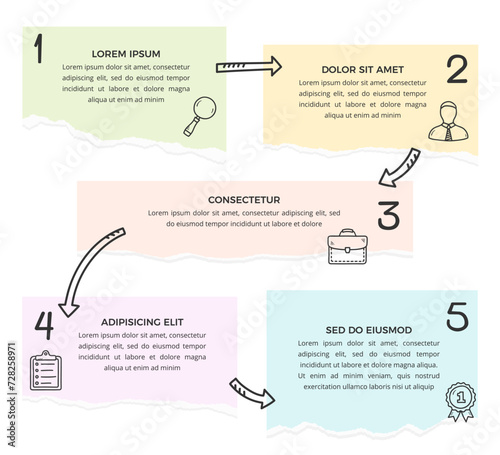 Infographic template with five options with paper notes and hand drawn arrows, vector eps10 illustration