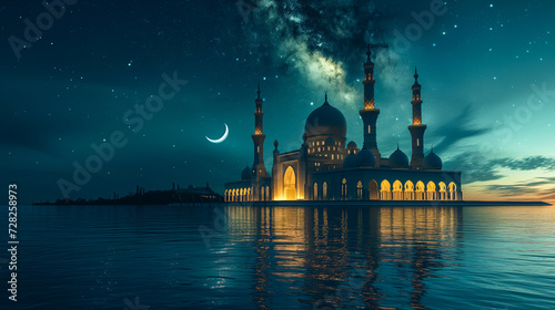Mosque at night with reflections on water and milky way sky. Ramadan theme concept