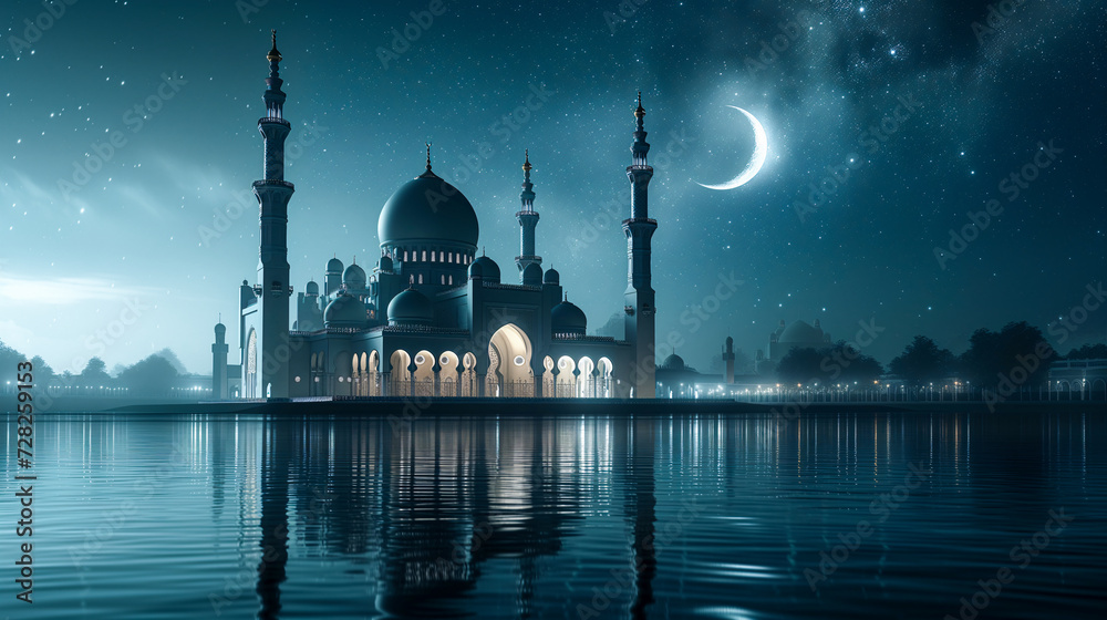Mosque at night with reflections on water and milky way sky. Ramadan theme concept
