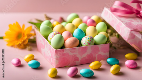 Spring color Easter candies arranged in a thoughtfully decorated setting, such as a cute candy box or ornament.