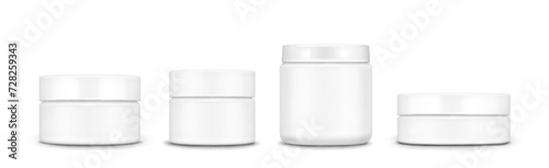 3D set of cream jars isolated on white. Vector realistic illustration of cosmetic container mockups, plastic or glass packaging for skin care product covered with lid, blank space for branding
