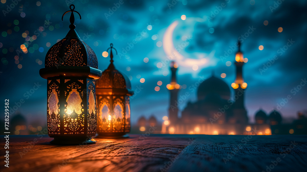 Fototapeta premium Arabic lanterns on a table with blurry mosque in background. Ramadan decoration concept