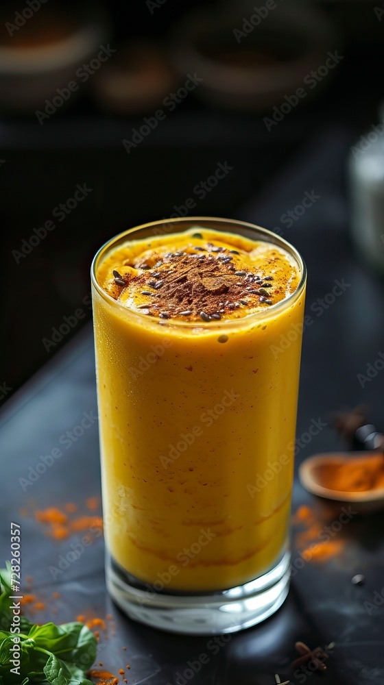 Turmeric Smoothie, Black Surface Table, minimalistic decor 