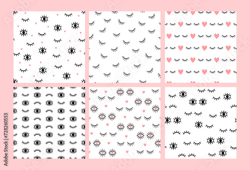 Eyelashes seamless pattern. Print with abstract lashes, open and close eyes. Background with girl makeup lash. Hand drawn fashion pink heart and cilia. Vector set