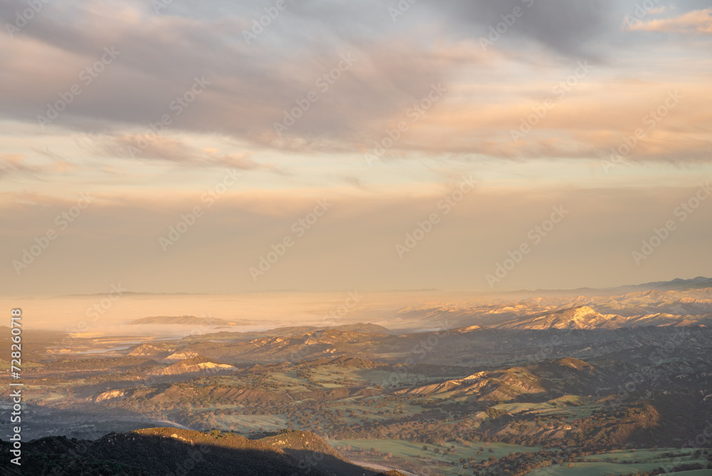 Sunrise, Santa Ynez Valley, Green Hills, Rolling Hills, Oak Trees, Fog, Early Morning Light