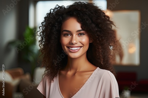 Beautiful woman with straight teeth and long hair looks at the camera and smiles, Generative AI