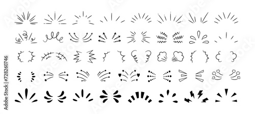 Hand-drawn rays and explosion. Doodle brush ornament lines and surprise symbol. Sun burst, shocked frame, shine starburst elements on white background. Vector set
