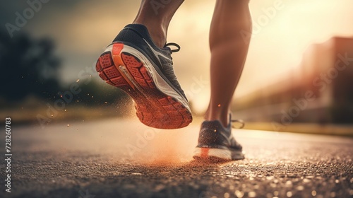 Authentic portrayal of a runner's shoe in action on an asphalt path, emphasizing the dedication to fitness and track performance