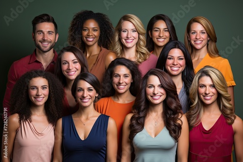 Different beautiful women with even teeth and long hair look at the camera and smile, Generative AI