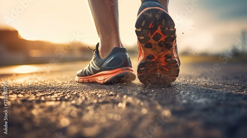 Authentic portrayal of a runner's shoe in action on an asphalt path, emphasizing the dedication to fitness and track performance